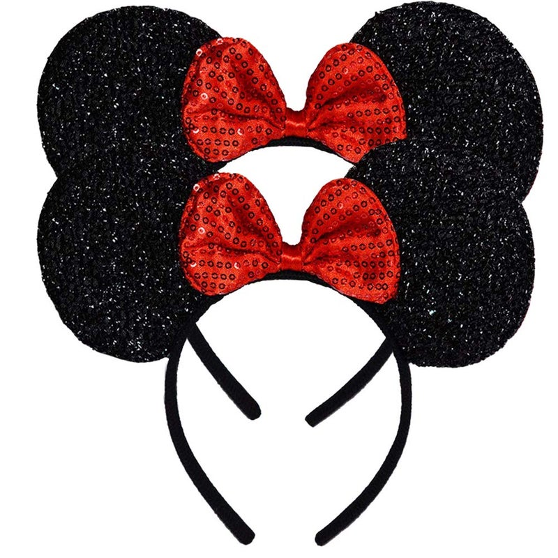 FANYITY Mouse Ears Headbands Sequin Hair Band for Girls Women Boys Party, 2 Pieces (RED) - Image 5